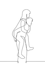 man carries woman on his back - one line art vector. concept piggyback