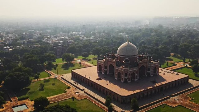 Aerial view of Humayun's Tomb, Delhi, India. Humayun's tomb is the tomb of the Mughal Emperor Humayun.
