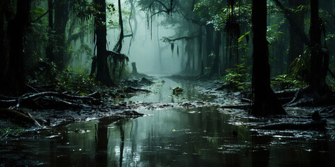Swamp forest with a light mist. Quagmire in the spring green forest. Generative AI - obrazy, fototapety, plakaty