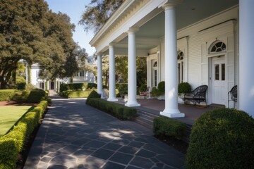 shot of a paved walkway leading to a greek revival porch
