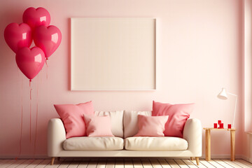 Interior of a pale pink room with a beige sofa with soft pillows, heart-shaped balloons and an empty frame with space for text on the wall. Romantic setting, mock up - obrazy, fototapety, plakaty