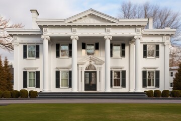 symmetrical facade of a greek revival house with prominent pediments - obrazy, fototapety, plakaty