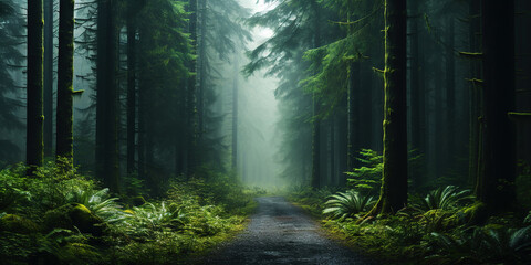 Fototapeta premium Misty road in fir forest. Minimalistic scenery. Generative AI