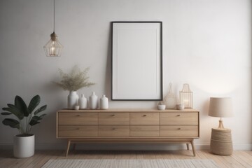 Wooden rustic chest of drawers near wall with blank poster frame with copy space. Interior design of modern living room 