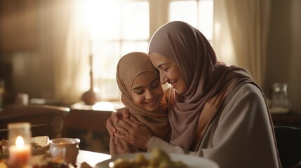 Muslim grandmother and granddaughter hug during family meal in dining room - obrazy, fototapety, plakaty
