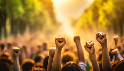 Crowd of people with fists raised during a demonstration for their rights on a sunny day in a tree-lined city street, focus on the foreground.