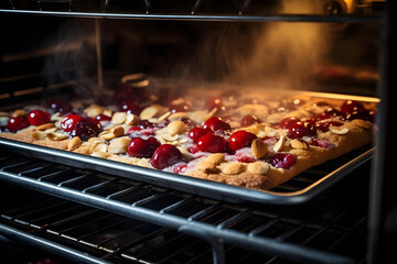 Baking Maraschino Cherry Almond Bar in the Oven, christmas season - obrazy, fototapety, plakaty