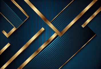 Geometric background. Metallic graphic. Golden blue color glowing square angle lines design ribbed texture abstract art illustration.
