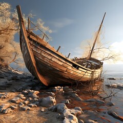 Weathered timber boat stranded on the beach, battered by a raging storm. Dramatic scene capturing the relentless power of nature on this forsaken vessel.