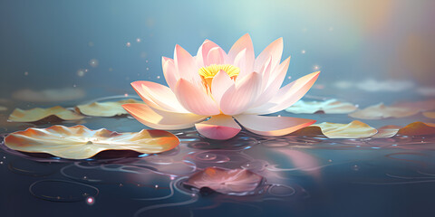 Magic Lotus Flower On Water beautiful background, The delicate petals of a lotus flower emerging gracefully from murky pond waters, generative AI
