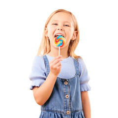 Child, portrait and lollipop candy eating for happy sweet tooth, sugar rush or isolated transparent...