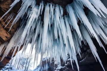 ice stalactites hanging from a frozen surface