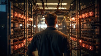 Fototapeta premium An engineer stands and inspects the water supply control panel.