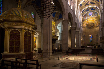 Obraz premium Main nave of the Lucca Cathedral. It is a Roman Catholic cathedral dedicated to Saint Martin of Tours in Lucca, Tuscany, Italy. Interior and ceiling are decorated in golden tones.