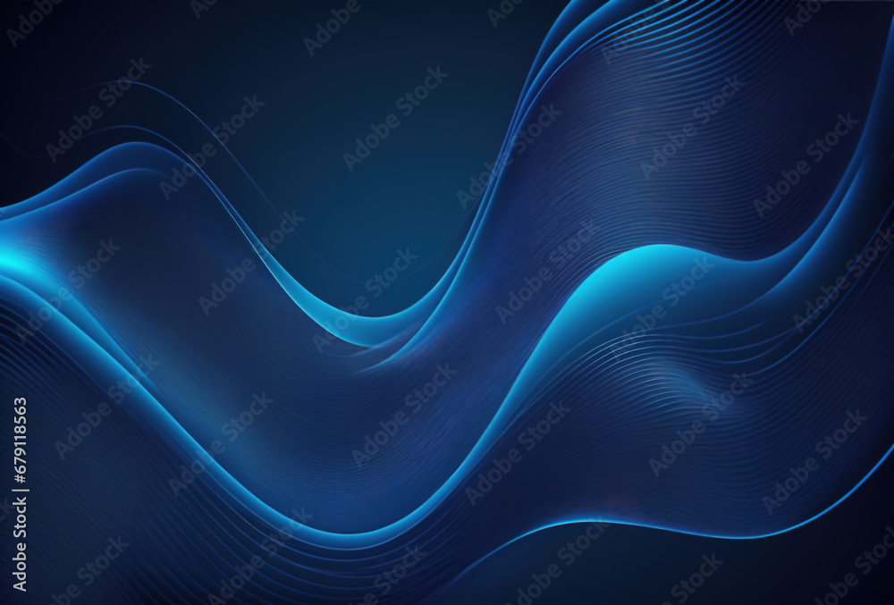 Wall mural ripple wave. light curve. blur glowing blue color curl lines flow ribbed texture on dark black art i