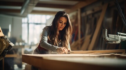 Beautiful young woman works in the DIY workshop of a furniture factory.