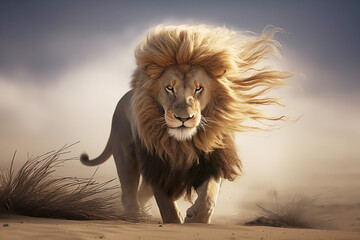 Majestic male lion in the wild, wind in his mane