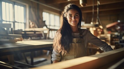 Beautiful young woman works in the DIY workshop of a furniture factory. - obrazy, fototapety, plakaty