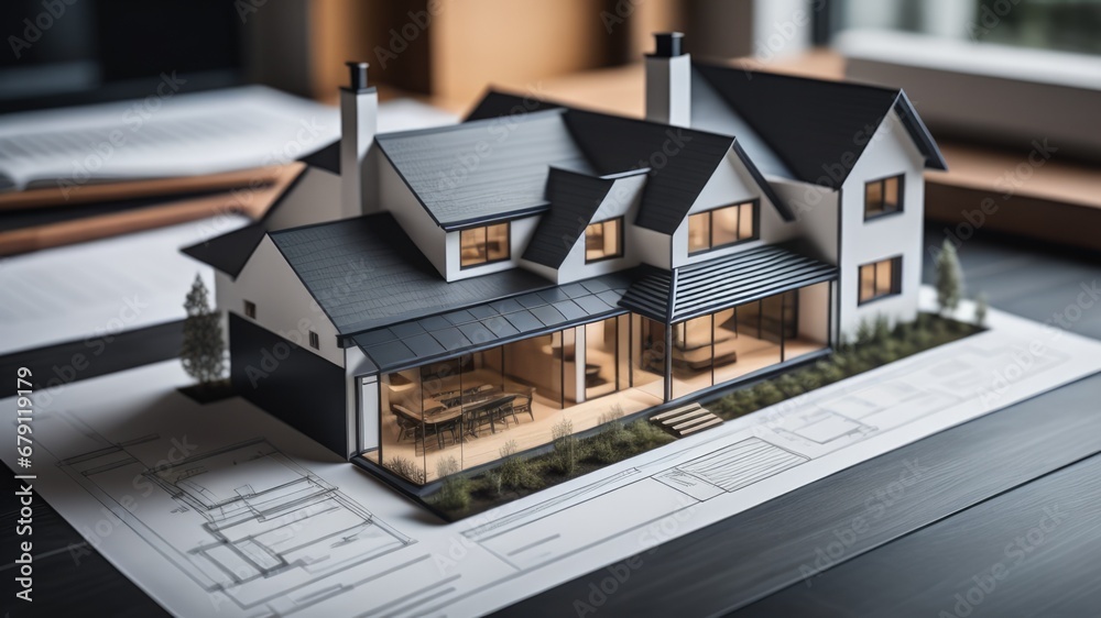 Wall mural model of new house with black tiled pitched roof on architecture blueprint plan close up