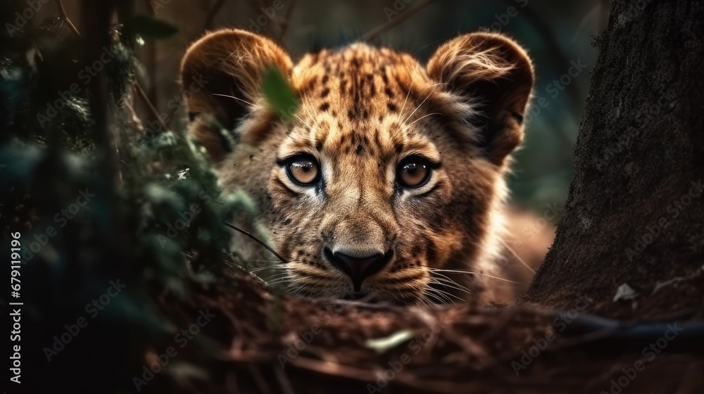 Wall mural little lion in the forest. created with generative ai.