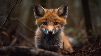 Naklejka premium Adorable baby fox in a forest. Created with Generative AI. 