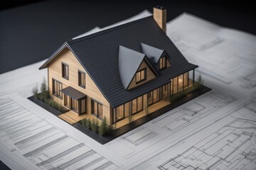 Model of new house with black tiled pitched roof on architecture blueprint plan close up