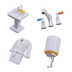 Collection of different stuff for bathroom. Realistic boiler, bathroom, washstand and faucet. Hygiene concept. Vector illustration in 3d style with yellow elements