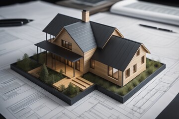 Model of new house with black tiled pitched roof on architecture blueprint plan close up