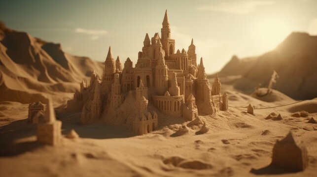 Sand Castle on Beach. Created with Generative AI.	