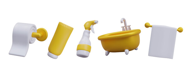 Collection of different accessories for bathroom. 3d realistic bath, cosmetic, hanging toilet paper and towels. Self-care, cleaning and washing concept. Vector illustration in 3d style