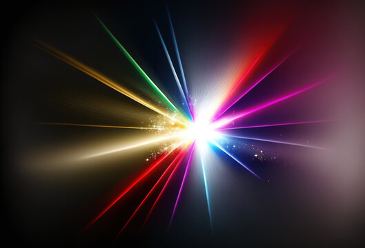 Color rays. Neon light. Defocused red purple blue glowing star sparkles flash beams radiance flare motion on dark black art illustration abstract background.
