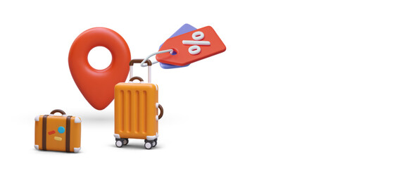 Poster with different bags for travel. Online shopping, buying travel suitcases and trolley bag with discount. Vector illustration in 3d style with place for text