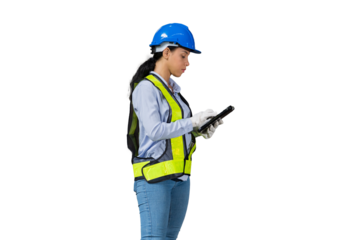 Female engineer worker wearing safety uniform and helmet working with digital tablet for control machinery on white background