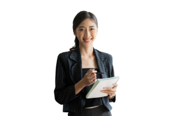 Portrait of Asian business woman wearing suit standing and working on white background