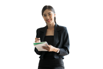 Portrait of Asian business woman wearing suit standing and working on white background