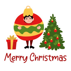 Christmas greeting card. A boy dressed as a round Christmas tree toy. Decorated Christmas tree with a gift and a Christmas tree toy. Christmas set on a white background. Family greeting card
