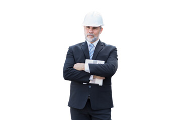 Portrait of senior foreman or supervisor wearing suit and safety helmet on white background