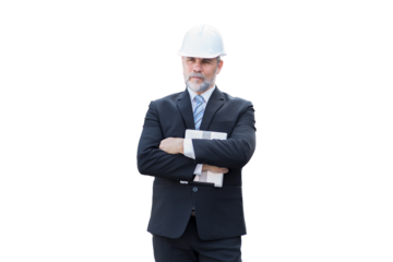 Portrait of senior foreman or supervisor wearing suit and safety helmet on white background