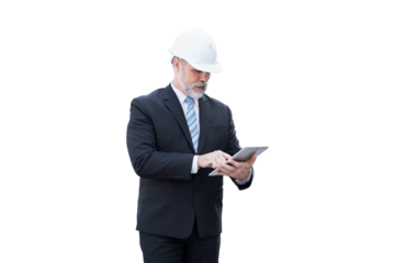 Portrait of senior foreman or supervisor wearing suit and safety helmet using digital tablet on white background
