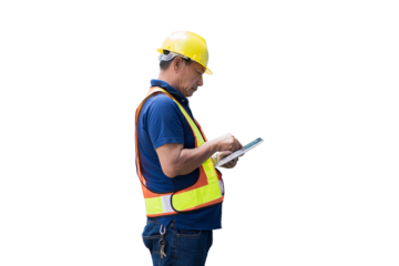 Asian male engineer worker working using digital tablet on white background