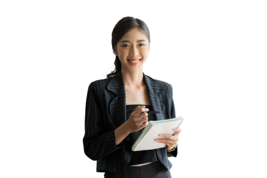 Portrait of Asian business woman wearing suit standing and working on white background