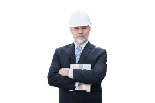 Portrait of senior foreman or supervisor wearing suit and safety helmet on white background - Powered by Adobe