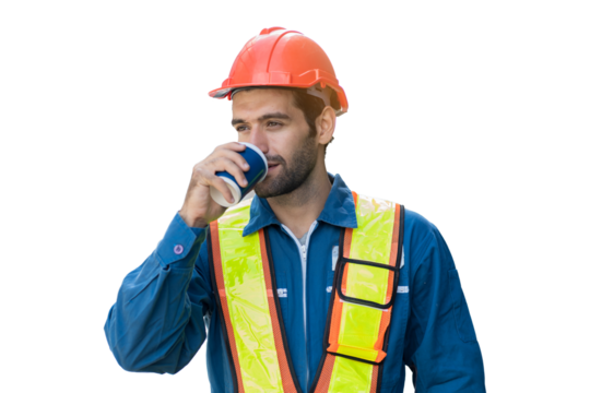 Male engineer worker wearing safety uniform and helmet drinking water on white background