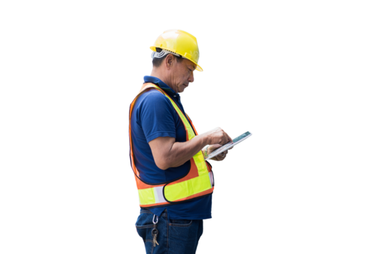 Asian male engineer worker working using digital tablet on white background