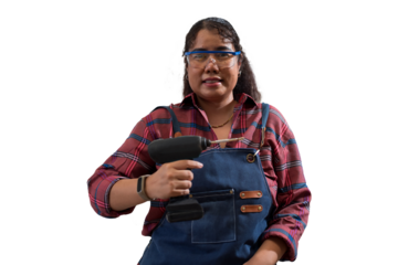 Portrait of Asian woman carpenter holding cordless drill on white background