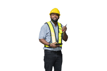 Male engineer worker wear safety helmet and uniform on white background