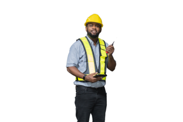 Male engineer worker wear safety helmet and uniform on white background