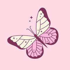 Cute pink butterfly with stars decor in y2k style. Beautiful girly insect. Coquette collage, poster, print, sticker, card design. Vector illustration.