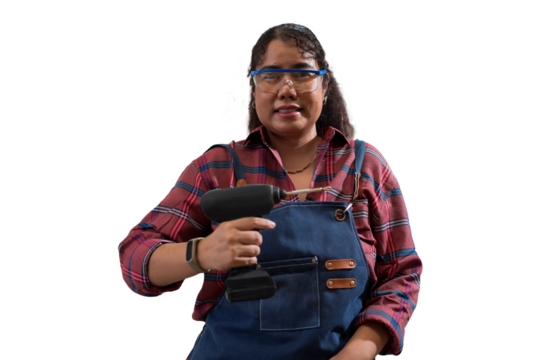 Portrait of Asian woman carpenter holding cordless drill on white background