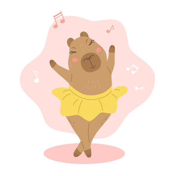 Cute dancing girl capybara. American water rodent in dance. Vector girl gopher for print. Adorable kapybara animal character